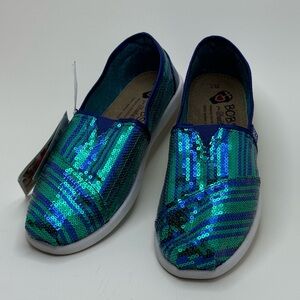 Women’s Bobs By Skechers Size 7 Slip On Flat Comfort Blue Green Sequins Sparkle